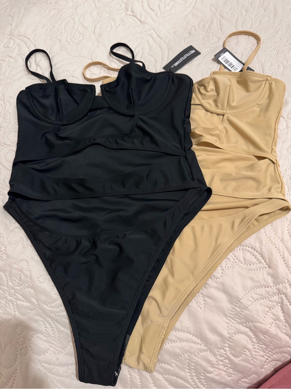 2 PrettyLittleThing women One Piece Swimsuits in Black and Beige